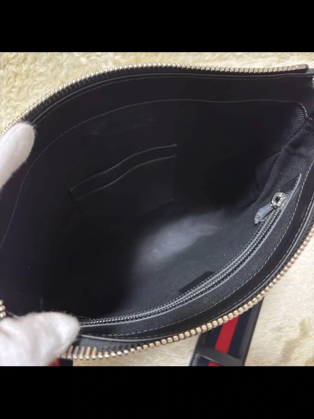Gucci Black GG Supreme Messenger Bag with Navy & Red Web Strap